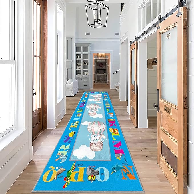 Cartoon Hot Air Balloon Children's Rug, 3.3x10ft, Educational Learning Alphabet Animal Carpets for Living Room, Low Pile Non-Shedding with Non Slip Backing Durable Rug for Kids Teen Floor