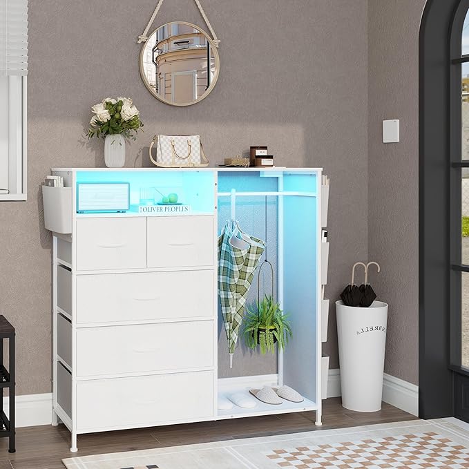 Dresser for Bedroom with Clothes Rack Side Pockets White 5 Drawers Dresser with Charging Station LED Lights Sturdy Steel Frame Wood Top Organizer Unit for Nursery Hallway Closet
