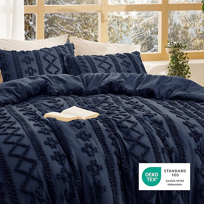 Bedsure Tufted Boho Comforter Set Queen Size - Navy Boho Bed Set, GentleSoft™ 3 Pieces Farmhouse Shabby Chic Embroidery Bedding, Gifts for Woman, Soft Jacquard Queen Comforter for All Seasons