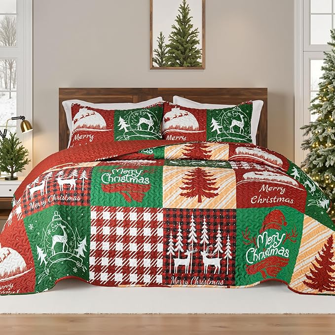 Whale Flotilla Patchwork Quilts Queen Size, Soft Boho Christmas Bedspreads for Bed Reversible Lightweight Full Queen Quilt Bedding Set Coverlets with 2 Pillow Shams for All Seasons, Happy Christmas
