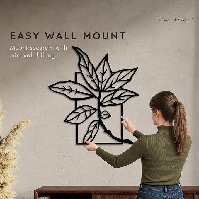 Wita Home Leaf Branch Metal Wall Art, Minimalist Botanical Outdoor and Indoor Decor, Powder-Coated Steel, Weather-Resistant Garden Patio Wall Sculpture, Modern Nature Inspired Design (48×43 inches)