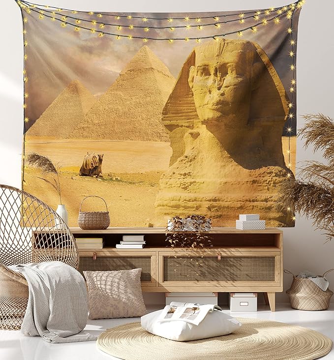 Ambesonne Egyptian Print Tapestry King Size, Sphinx Face Other Pyramids in Egypt Old Historical Monument, Wall Hanging Bedspread Bed Cover Wall Decor, 104" X 88", Amber Sand Brown
