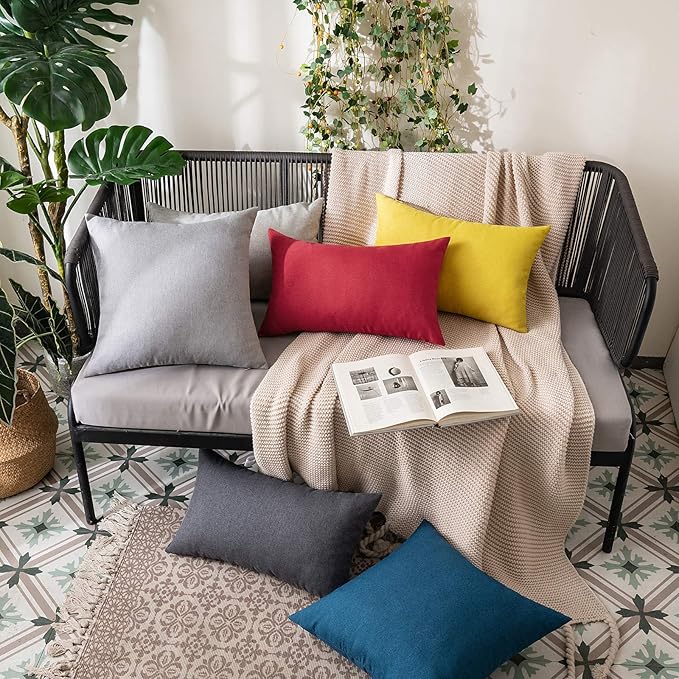 MIULEE Pack of 2 Decorative Outdoor Solid Waterproof Throw Pillow Covers Faux Linen Garden Farmhouse Cushion Cases for Patio Tent Balcony Couch Sofa 20x12 Inch Dark Grey