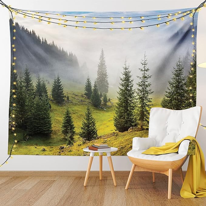 Ambesonne Forest Tapestry, Fir Trees on Meadow Between Hillsides Conifer Woodland in Fog Before Sunrise, Fabric Wall Hanging Decor for Bedroom Living Room Dorm, 23" X 28", Gray Green