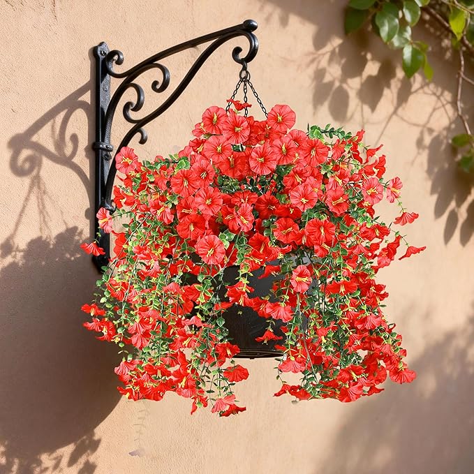 Artificial Hanging Flowers for Outdoors, 4 PCS UV Resistant Faux Plants Silk Realistic 150 Morning Glory Each Vines, Fake Plastic Floral for Garden Patio Spring Summer Decor, Red