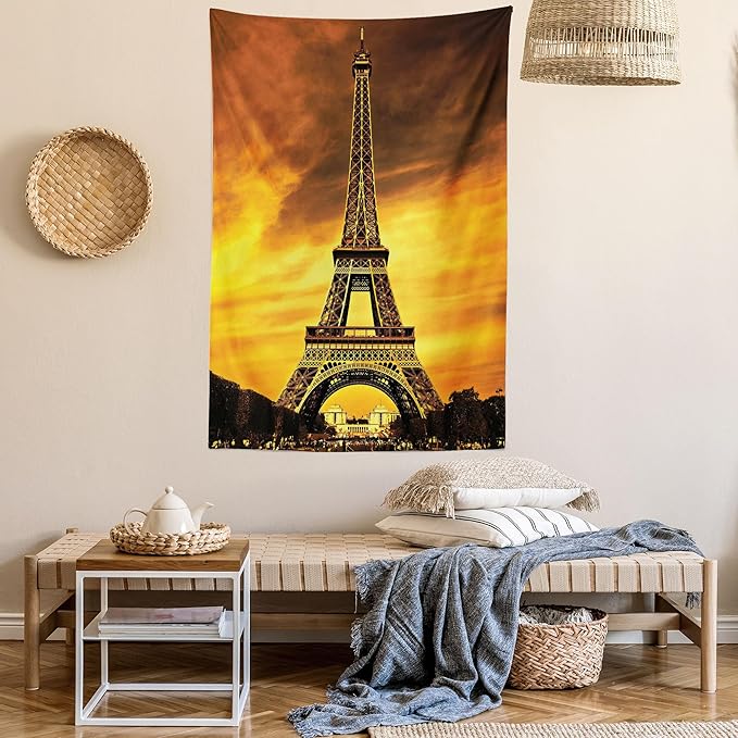 Ambesonne Eiffel Tower Tapestry Twin Size, Paris Love City Monument in Dramatic Sunrise Picture of French Landmark, Wall Hanging Bedspread Bed Cover Wall Decor, 68" X 88", Yellow Brown