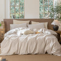 MooMee Striped Duvet Cover Set 100% Washed Cotton Linen Like Textured Breathable Durable Soft Comfy (Tannish Linen Grey White Classic Stripes, Super King Plus 120"x120")