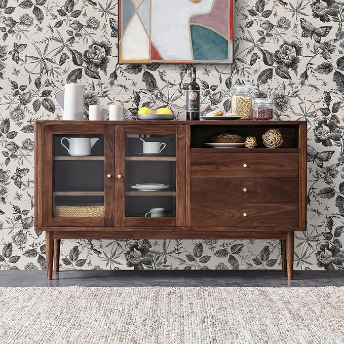 Drawer Liner Contact Paper for Dresser Peel and Stick Wallpaper Sketched Design 15.7x393.7in Self Adhesive Removable Black Maroon Rose Floral Butterfly Vintage Cabinet Shelf Renter Friendly