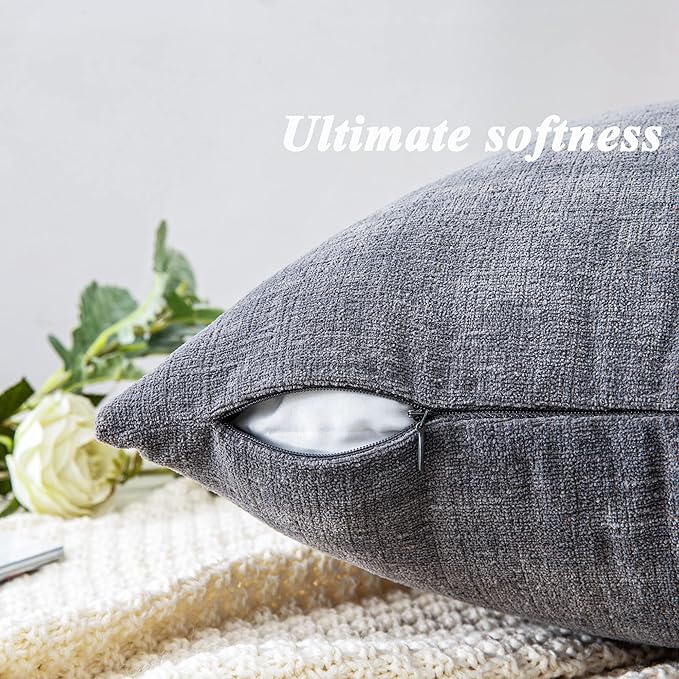 GAWAMAY Lumbar Support Pillow Decorative Rectangle Throw Pillow Covers 12"x20" Inch Set of 2, Soft Chenille Fall Pillowcase for Living Room Bedroom Sofa Couch Cushion Cover Grey 30x50cm (No Insert)