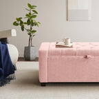 SUNWAVE Storage Ottoman Bench, Linen Fabric End of Bed Storage Bench with Button Tufted, Safety Hinge Lid, Large Ottoman for Bedroom, Living Room & Entryway