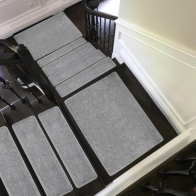 PURE ERA Carpet Stair Treads Tape Free Non Slip Indoor Stair Carpet Stair Protectors Pet-Friendly Non-Slip Skid Resistant Washable Reusable 8" x 30"(14 Pieces,Gray)