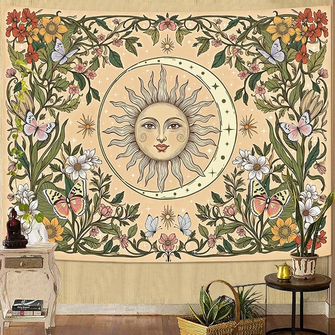 Accnicc Boho Sun and Moon Tapestry Vintage Floral Wall Tapestry for Bedroom Aesthetic Beige Celestial Plant Flower Butterfly Small Tapestries Wall Hanging for Living Room Dorm 60 x 44 Inch