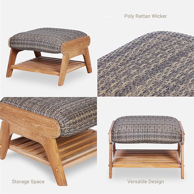 Cambridge Casual Auburn Teak Outdoor Ottoman, All Weather Padded Woven Seat