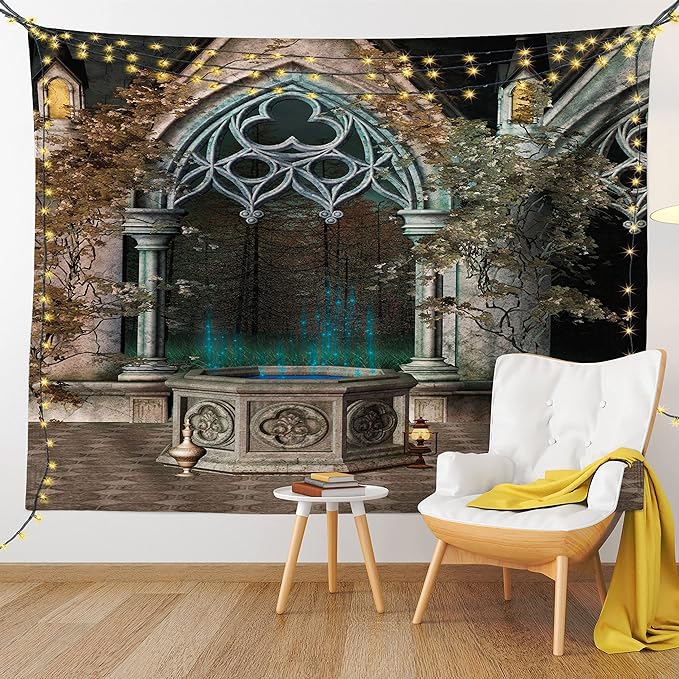 Ambesonne Gothic Tapestry, Patio with Enchanted Wishing Well Ivy on Antique Gateway to Forest, Fabric Wall Hanging Decor for Bedroom Living Room Dorm, 28" X 23", Taupe Green