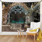 Ambesonne Gothic Tapestry, Patio with Enchanted Wishing Well Ivy on Antique Gateway to Forest, Fabric Wall Hanging Decor for Bedroom Living Room Dorm, 28" X 23", Taupe Green