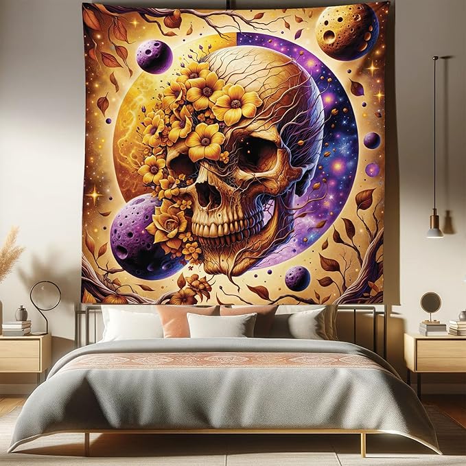 Ambesonne Trippy Tapestry Queen Size, Neo Traditional Floral Ornate Skull with Earthy Leaves Space Scenario, Wall Hanging Bedspread Bed Cover Wall Decor, 88" X 88", Apricot Blue Violet Taupe
