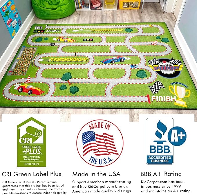 KIDCARPET.COM Race Track Play Mat Rug | Interactive Activity Carpet for Preschool Playroom Toy Car Track, 4' x 6'