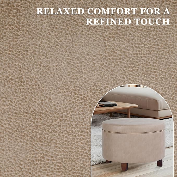 Homepop Home Decor | Upholstered Faux Leather Round Storage Ottoman | Ottoman with Storage for Living Room & Bedroom, Taupe Brown