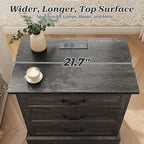Huuger Nightstand with Charging Station, 3 Drawer Night Stand, 22 Inch Wider Side Table with Storage, Farmhouse Nightstand with Vintage Handles, Thicken Base, for Bedroom, Black