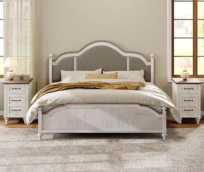 WAMPAT Set of 2 End Tables with Charging Station, Antique White Side Table with Storage Cabinet & Drawer, Wooden Nightstands with Power Outlets & Type-C USB Port for Bedroom