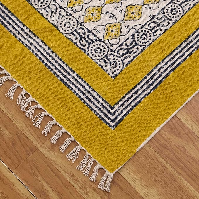 Kilim Area Rugs for 3x5 Feet Floral Design Yellow Beige Hand Block Printed Cotton Rug Handmade Boho Use Flatweave Dhurrie Indoor Outdoor Rugs for Bedside Kitchen Enterway for Home
