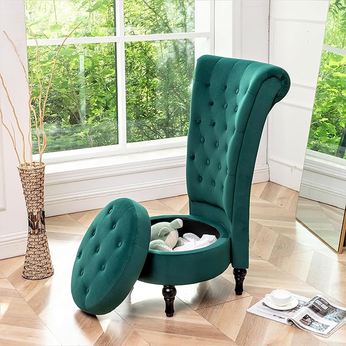 Royal High-Back Velvet Accent Chair for Vanity with Storage and Luxurious Upholstery, Retro Design and Versatile Usage for Living Room, Bedroom, Lounge and Office, Green