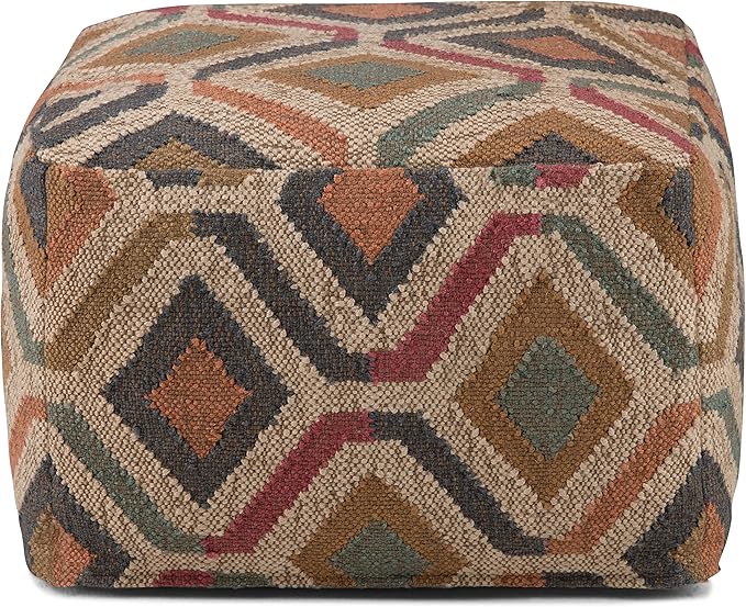 SIMPLIHOME Johanna Square Pouf - 20 inch Wide Upholstered Cotton and Jute Kilim Ottoman in Multi-Color, Boho Footstool or Extra Seating for Living Room with Polystyrene Bead Filling, Assembled