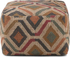 SIMPLIHOME Johanna Square Pouf - 20 inch Wide Upholstered Cotton and Jute Kilim Ottoman in Multi-Color, Boho Footstool or Extra Seating for Living Room with Polystyrene Bead Filling, Assembled