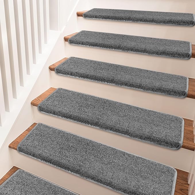 PURE ERA Bullnose Carpet Stair Treads Set Tape Free Non-Slip Indoor Stair Protectors Pet Friendly Rugs Covers Soft Skid Resistant Washable Reusable 9.5" x 30"(7 Pieces,Dark Gray)