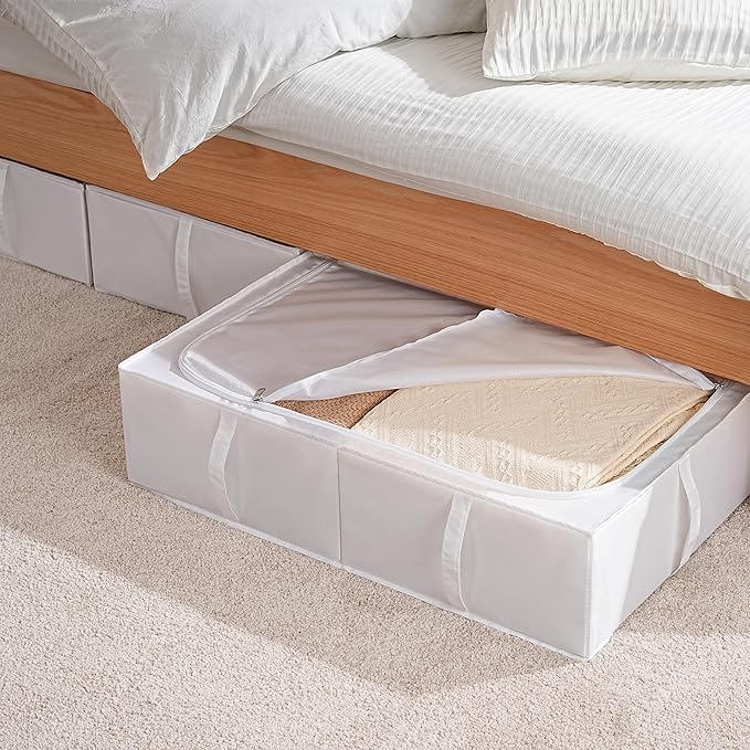 TYEERS Under Bed Storage Containers, Durable Fabric, Washable, Collapsible, Under Bed Storage Bins for Clothes, Blankets, Sheets, Shoes, 27.5x16.5x7 Inches, 2-Pack, White