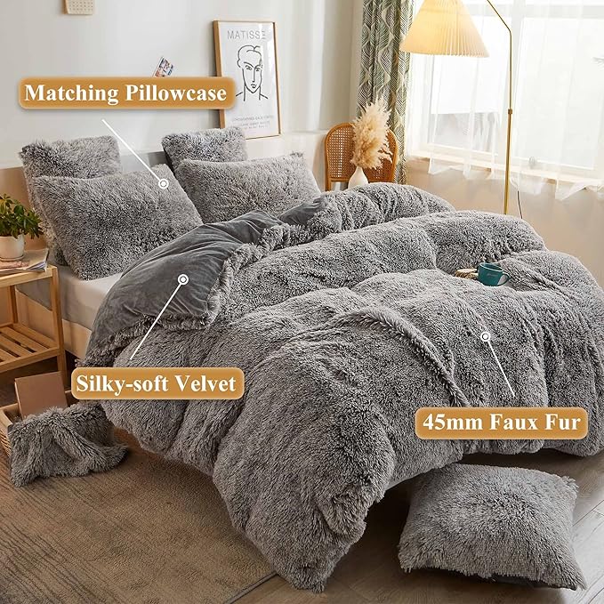 XeGe Plush Shaggy Duvet Cover Set, Luxury Ultra Soft Velvet Fluffy Bedding Sets 2 Pieces(1 Faux Fur Furry Comforter Cover + 1 Fuzzy Faux Fur Pillow Case), Zipper Closure (Twin, Light Gray Ombre)