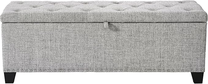 24/7 Shop at Home Sacallant Modern Linen Storage Bench with Button-Tufted Lift-Top, Upholstered Footstool, Rectangular Ottoman for Living Room, Bedroom, Entryway, Light Grey