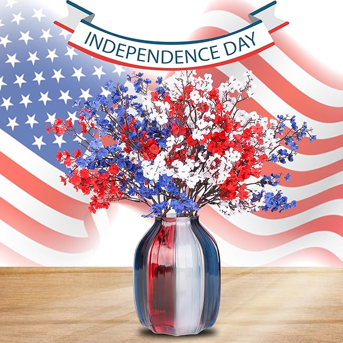 4th of July Red White and Blue Decorations Flowers 12 Bundle Artificial Babys Breath Fake Silk Patriotic Flowers for Independence Day Americana Home Decor Floral Indoor Arrangement Table Centerpieces