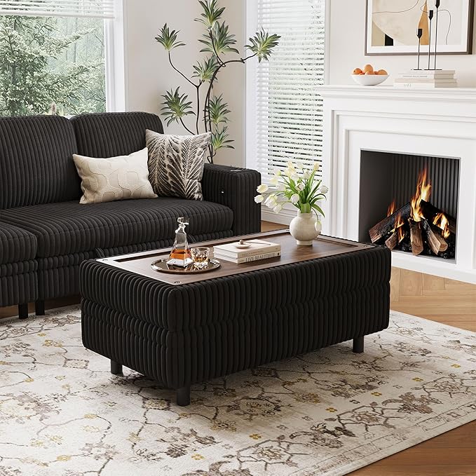 LINSY HOME Sectional Sleeper Sofa Storage Ottoman Bench, Convertible Coffee Table Plush Corduroy Couch Ottoman Footstool for Living Room, Bedroom Entryway and Family Room, Black