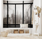 Ambesonne City Tapestry, Philadelphia City Rooftop View Through Window Skyline Landmark Rooftop Travel, Fabric Wall Hanging Decor for Bedroom Living Room Dorm, 28" X 23", Grey Black