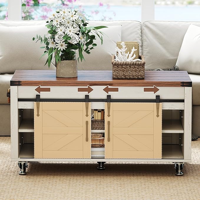 40” Farmhouse Coffee Table Bilateral Lift Top with Sliding Barn Door Movable Rustic Square Center Table with Large Hidden Storage Compartment Lifting Tabletop for Home Living Room,Office (White)