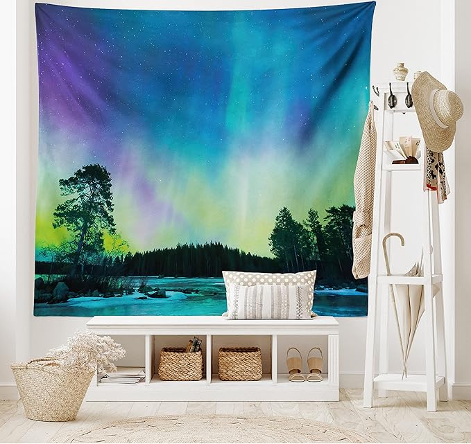 Ambesonne Aurora Borealis Tapestry, Sky over Lake Surrounded Forest Woods Hemisphere Print, Fabric Wall Hanging Decor for Bedroom Living Room Dorm, 45" X 30", Violet Blue Lime Green