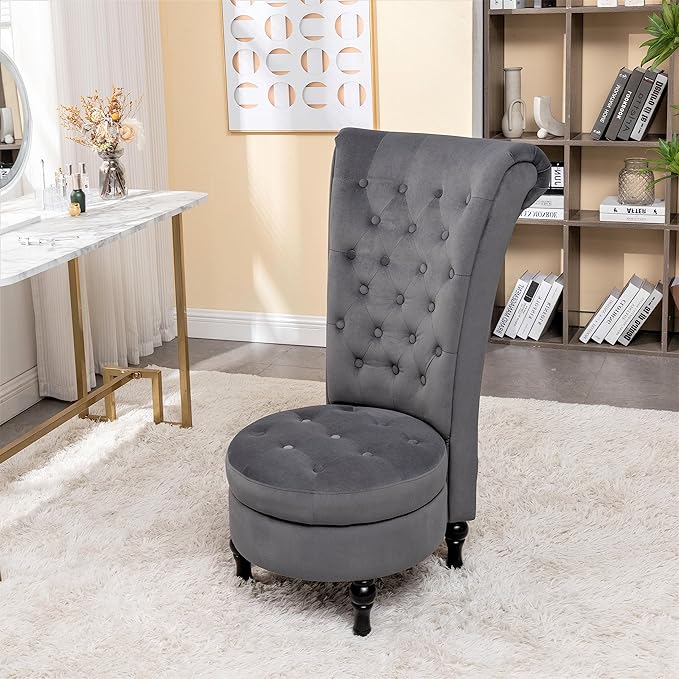 Royal High-Back Velvet Accent Chair for Vanity with Storage and Luxurious Upholstery, Retro Design and Versatile Usage for Livingroom, Bedroom, Lounge and Office, Grey