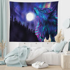Ambesonne Moon Tapestry King Size, Northern Imagery Aurora Borealis Wolf Forest Starry Night, Wall Hanging Bedspread Bed Cover Wall Decor, 104" X 88", Magenta Indigo