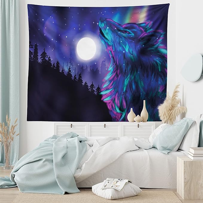 Ambesonne Moon Tapestry King Size, Northern Imagery Aurora Borealis Wolf Forest Starry Night, Wall Hanging Bedspread Bed Cover Wall Decor, 104" X 88", Magenta Indigo