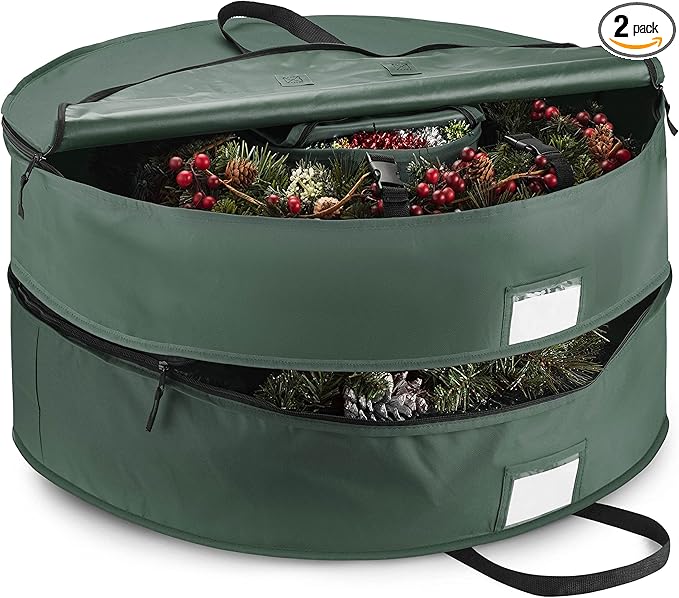 ZOBER Christmas Wreath Storage Container 36 Inch - Wreath Bag Fits 2 Wreaths Box - 600D Oxford Fabric - Interior Compartment for Storing Garlands, Wreaths Storage Bag W Strong Durable Handles - Green