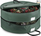 ZOBER Christmas Wreath Storage Container 36 Inch - Wreath Bag Fits 2 Wreaths Box - 600D Oxford Fabric - Interior Compartment for Storing Garlands, Wreaths Storage Bag W Strong Durable Handles - Green