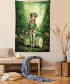 Ambesonne Tale Tapestry Twin Size, Computer Art Elf Girl Wreath Her Head Sitting on a Tree Stump, Wall Hanging Bedspread Bed Cover Wall Decor, 68" X 88", Green Beige Pink