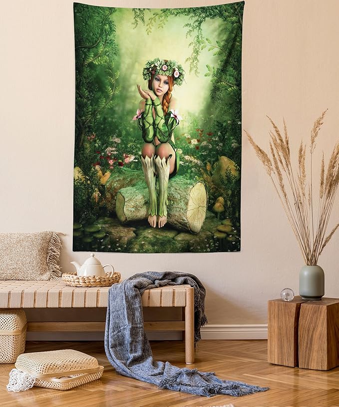 Ambesonne Tale Tapestry, Computer Art Elf Girl Wreath Her Head Sitting on a Tree Stump, Fabric Wall Hanging Decor for Bedroom Living Room Dorm, 30" X 45", Green Beige Pink