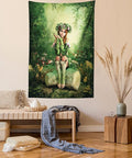 Ambesonne Tale Tapestry, Computer Art Elf Girl Wreath Her Head Sitting on a Tree Stump, Fabric Wall Hanging Decor for Bedroom Living Room Dorm, 30" X 45", Green Beige Pink