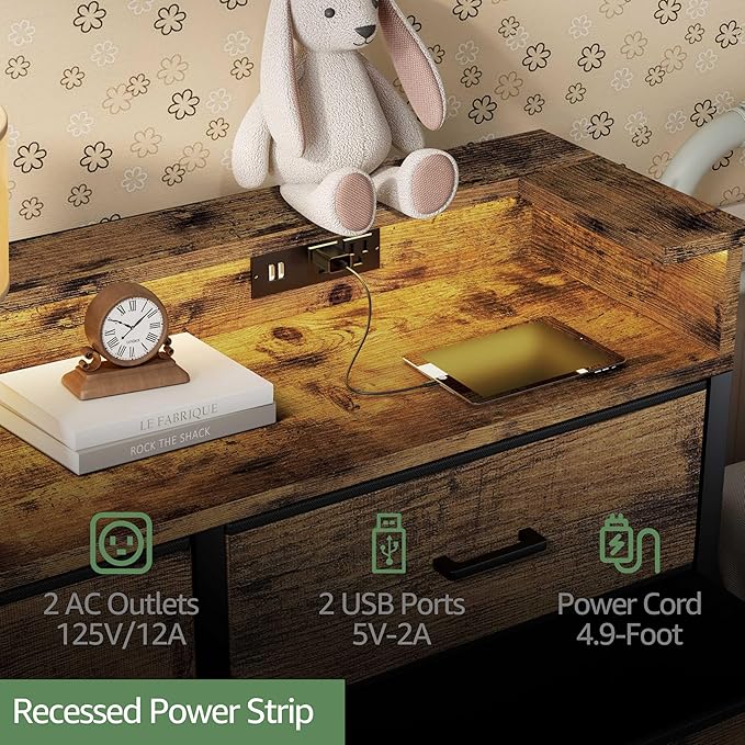 BOLUO Brown Dresser with LED Light and Charging Station for Bedroom 6 Drawer Dresser with USB Outlet, Fabric Dressers & Chests of Drawers Modern