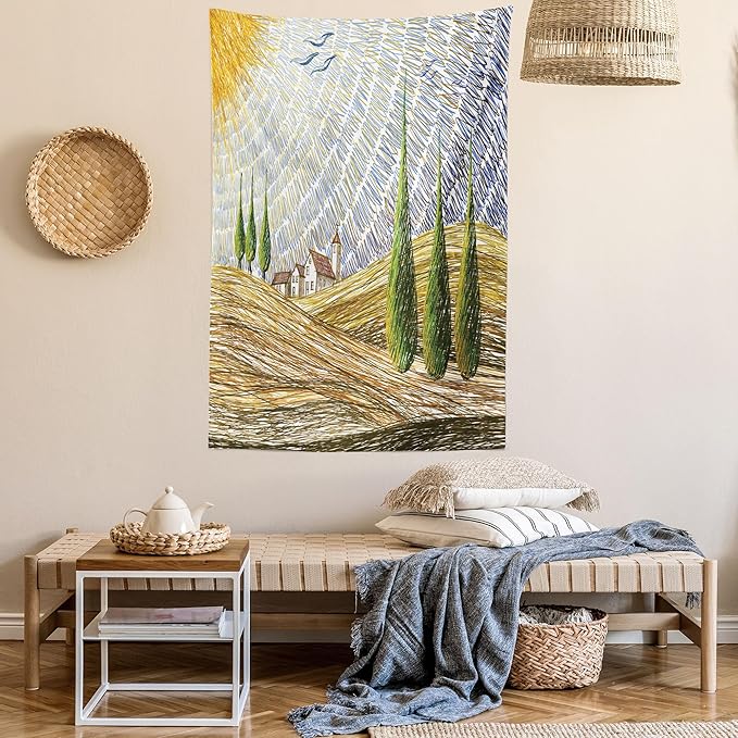 Ambesonne Italian Tapestry, Van Gogh Style Italy Valley Rural Fields European Scenery Painting Print, Fabric Wall Hanging Decor for Bedroom Living Room Dorm, 30" X 45", Tan Blue Green