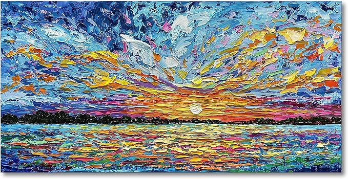 Limiyer Art Hand-painted Sea Sunrise landscape Modern Abstract Oil painting Large Canvas Art Hall Bedroom Office Wall Decoration 24x48 Inch