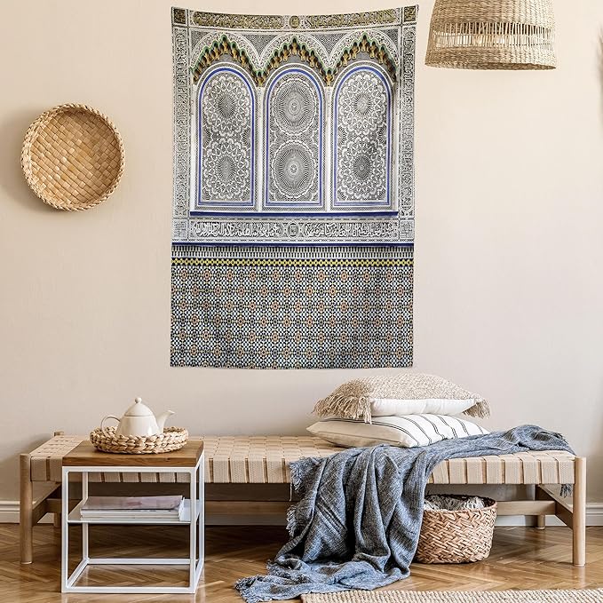 Ambesonne Orient Tapestry, Nostalgic Moroccan Architecture Stone Carving and Motifs Majestic Ottoman Empire, Fabric Wall Hanging Decor for Bedroom Living Room Dorm, 23" X 28", Grey Blue