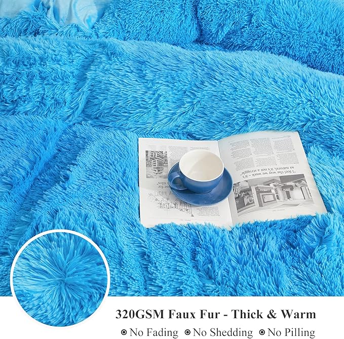 XeGe Plush Shaggy Duvet Cover Set, Luxury Ultra Soft Fluffy Faux Fur Bedding Sets 2 Pieces Velvet(1 Fuzzy Furry Comforter Cover + 1 Faux Fur Pillow Case), Zipper Closure (Twin, Blue)